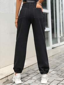 SHEIN Coolane 側翻蓋口袋工裝牛仔褲 - 黑色 - 查看 2