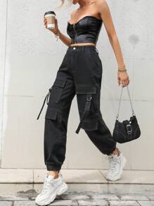 SHEIN Coolane 側翻蓋口袋工裝牛仔褲 - 黑色 - 查看 1