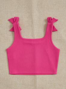 SHEIN 少女實色針織無袖背心，肩上配有蝴蝶結 - 玫紅色 - 查看 2
