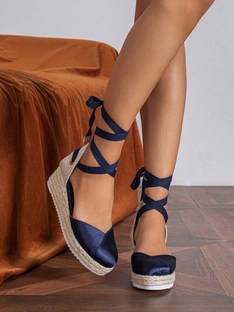 女性編織腿部繫帶設計魅力四射夏天緞面條帶鞋 - 藍色 - 查看 1