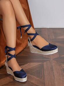 女性編織腿部繫帶設計魅力四射夏天緞面條帶鞋 - 藍色 - 查看 2