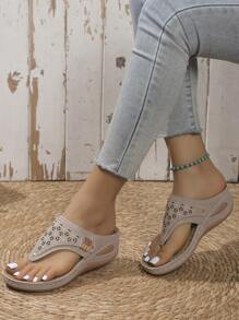 Women Hollow Out Toe Post Design Thong Sandals, Fashionable Summer Flat Sandals - Light Grey - View 5