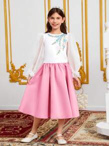 SHEIN 女孩花卉刺繡荷葉袖上衣和腰帶半身裙