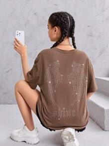 SHEIN Teen Girls Rhinestone Wing Pattern Drop Shoulder Tee - Mocha Brown - View 7