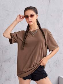 SHEIN Teen Girls Rhinestone Wing Pattern Drop Shoulder Tee - Mocha Brown - View 2