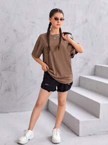 SHEIN Teen Girls Rhinestone Wing Pattern Drop Shoulder Tee - Mocha Brown - View 4