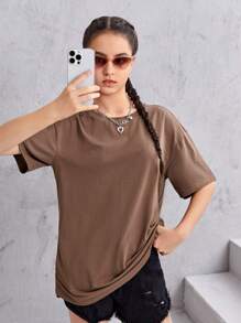 SHEIN Teen Girls Rhinestone Wing Pattern Drop Shoulder Tee - Mocha Brown - View 5