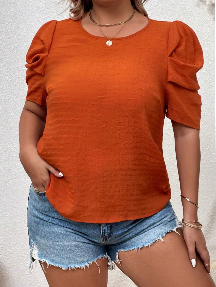 SHEIN VCAY 大碼泡泡袖襯衫 - 亮橙色 - 查看 1