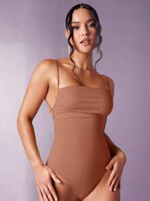 SHEIN BAE Solid Lace Up Backless Cami Bodysuit - Mocha Brown - View 1