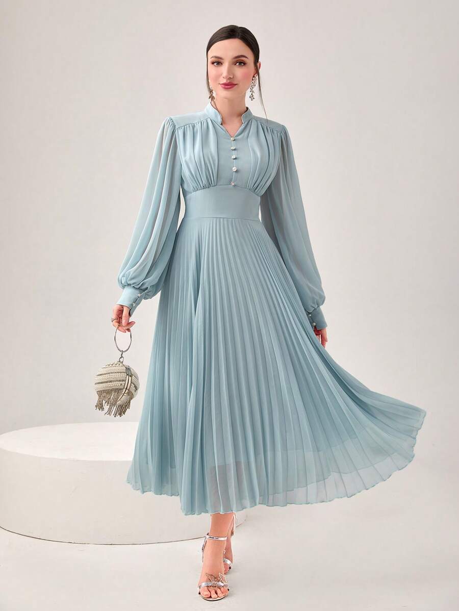 Modelyn Đầm Nút Xếp li Nút phía trước màu trơn Thanh lịch - Màu xanh bụi bặm - Xem 1