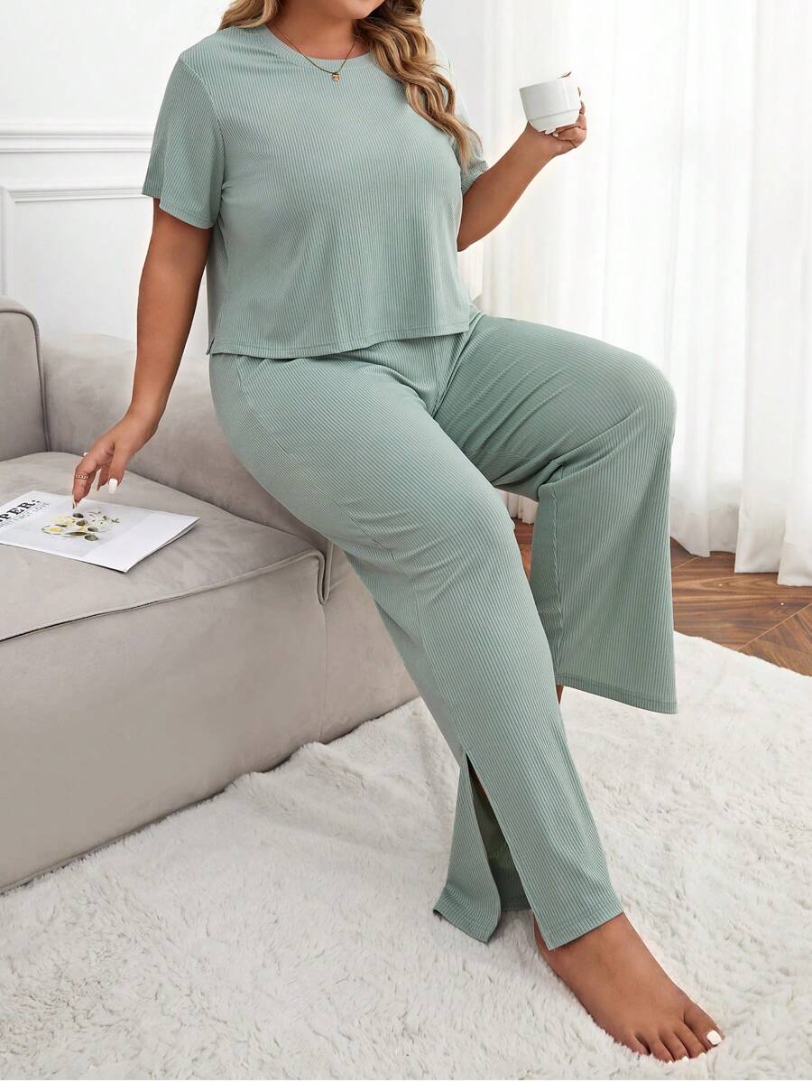 Camiseta unicolor & bajo con abertura Pantalones Conjunto de pijama - verde menta - Ver 1