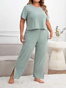 Camiseta unicolor & bajo con abertura Pantalones Conjunto de pijama - verde menta - Ver 4