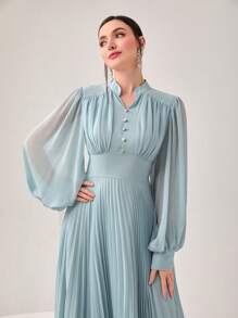 Modelyn Đầm Nút Xếp li Nút phía trước màu trơn Thanh lịch - Màu xanh bụi bặm - Xem 5