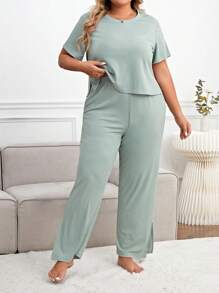 Camiseta unicolor & bajo con abertura Pantalones Conjunto de pijama - verde menta - Ver 5