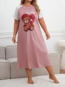 Đầm mặc nhà Kích Thước Lớn Lá thư Hoạt hình - Bụi hồng - Xem 3