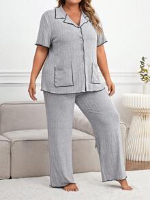 大碼撞色滾邊前紐扣睡衣套裝 - 淺灰色 - 查看 5