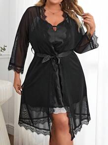 SHEIN Plus Contrast Lace Belted Robe Set - Black - View 1