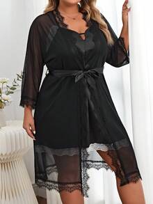 SHEIN Plus Contrast Lace Belted Robe Set - Black - View 4