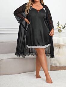 SHEIN Plus Contrast Lace Belted Robe Set - Black - View 6