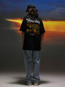 تي شيرت منخفض الاكتاف بطباعة أحرف للرجال - الأسود - مشاهدة 3