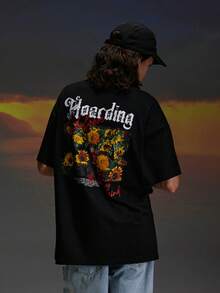 تي شيرت منخفض الاكتاف بطباعة أحرف للرجال - الأسود - مشاهدة 4