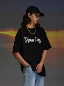 تي شيرت منخفض الاكتاف بطباعة أحرف للرجال - الأسود - مشاهدة 5