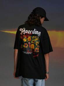 تي شيرت منخفض الاكتاف بطباعة أحرف للرجال - الأسود - مشاهدة 6