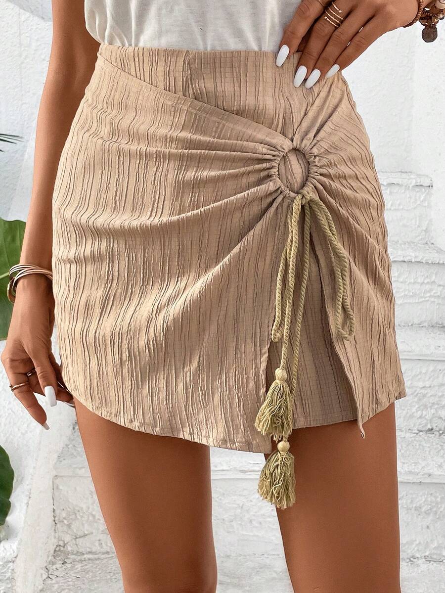 SHEIN VCAY 流蘇細節環鏈側繫帶圍裹裙裤 - 卡其色 - 查看 1