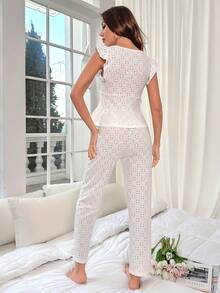 網眼刺繡荷葉邊前打結花邊下擺上衣和褲子睡衣套裝 - 白色 - 查看 2