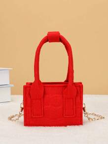 女孩素色多功能滌綸拉鍊方包帶雙把手 - 紅色 - 查看 4