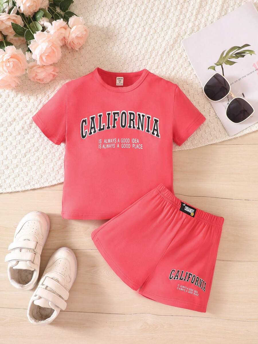 SHEIN Bộ thời trang bé gái Lá thư Giải trí - Đỏ - Xem 1