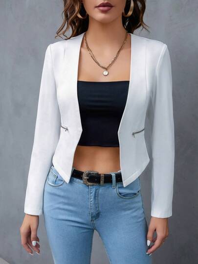 SHEIN Privé Solid Open Front Work Women Crop Blazer In Fall/Winter