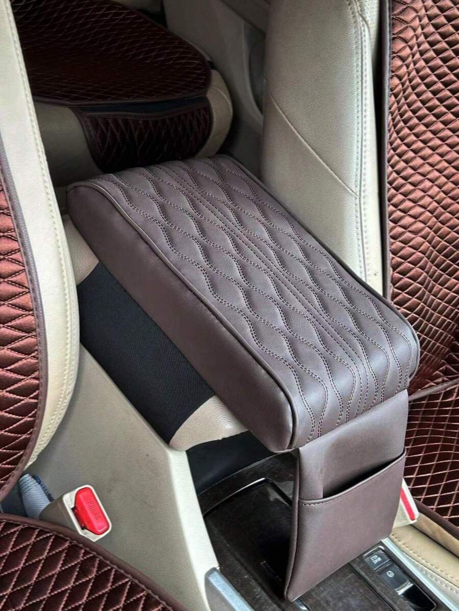1入組衍縫PU皮革汽車扶手墊 - 棕色 - 查看 1
