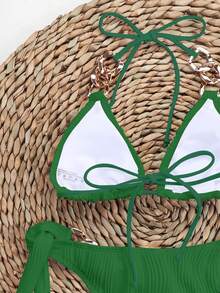Chain Linked Halter Triangle Bikini Top For Summer Beach Vacation - Green - View 4