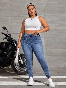 CovetEZ Jeans ajustados de cintura con cordón - Azul lavado medio - Ver 5