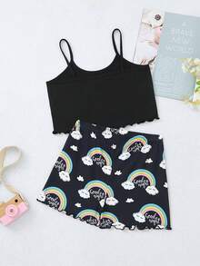 Tween 女孩彩虹圖案吊帶背心和短褲家居服套裝 - 黑色 - 查看 2