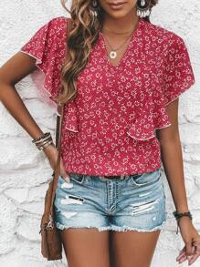 SHEIN LUNE Ditsy Floral Print Butterfly Sleeve Blouse - Red - View 1