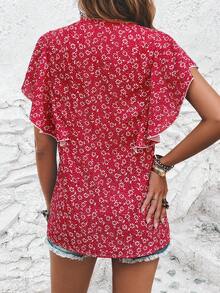 SHEIN LUNE Ditsy Floral Print Butterfly Sleeve Blouse - Red - View 2