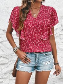 SHEIN LUNE Ditsy Floral Print Butterfly Sleeve Blouse - Red - View 3