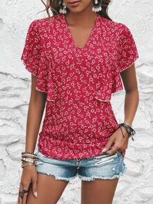 SHEIN LUNE Ditsy Floral Print Butterfly Sleeve Blouse - Red - View 4