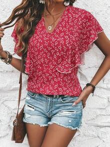 SHEIN LUNE Ditsy Floral Print Butterfly Sleeve Blouse - Red - View 5