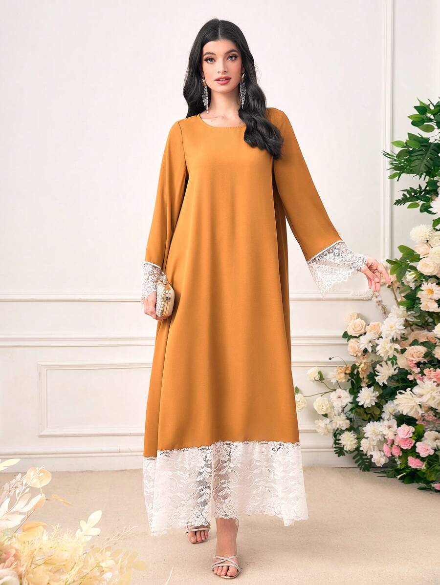 Al Najma Contrast Lace Panel Tunic Dress - Yellow - View 1