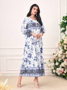 Mulvari Floral Print Lantern Sleeve Dress - Blue - View 3