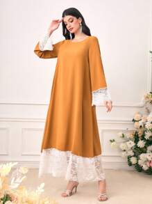 Al Najma Contrast Lace Panel Tunic Dress - Yellow - View 3