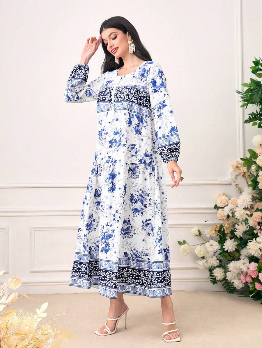 Mulvari Floral Print Lantern Sleeve Dress - Blue - View 1