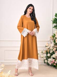 Al Najma Contrast Lace Panel Tunic Dress - Yellow - View 4