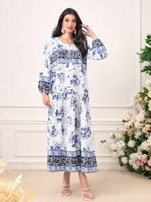 Mulvari Floral Print Lantern Sleeve Dress - Blue - View 4