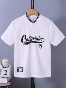 SHEIN 休閒前紐扣字母 條紋男童Polo襯衫 - 白色 - 查看 1