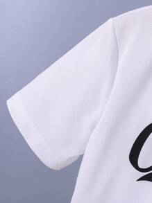 SHEIN 休閒前紐扣字母 條紋男童Polo襯衫 - 白色 - 查看 5