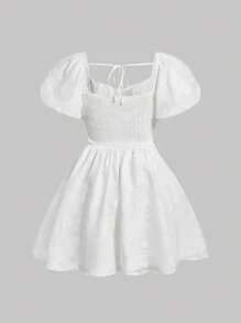 SHEIN MOD Plus Tay áo phồng Jacquard Ruched Bust Tie Backless Milkmaid Dress - trắng - Xem 2